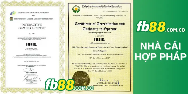 Giấy phép kinh doanh của Fb88 từ PAGCOR